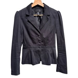 H&M Womens Black Fitted Blazer Jacket 4 Puff Sleeve Pleated Peplum Y2K Preppy